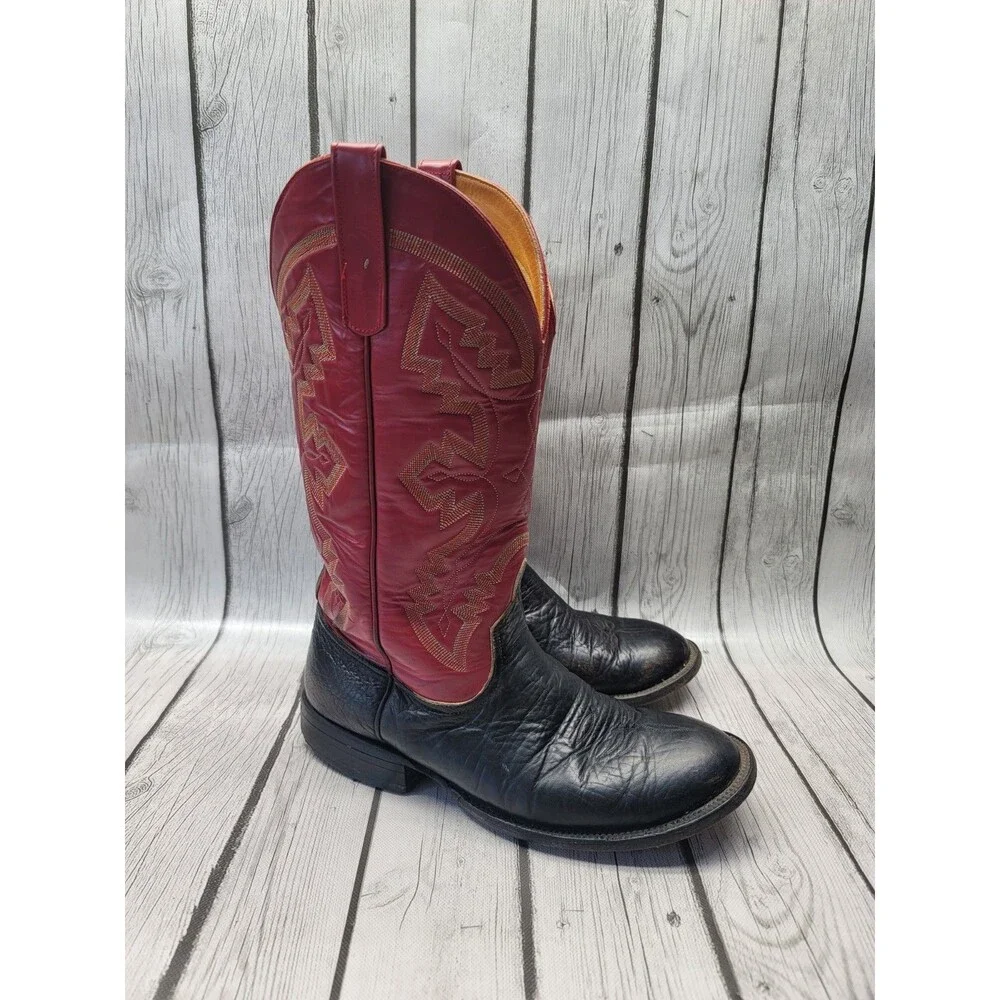 Anderson Bean 2 Tone Black Bullhide Red Cowboy Boots Mens 8.5 EE Western Vtg